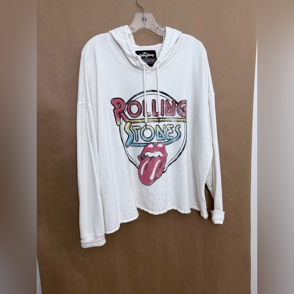 Authentic Rolling Stones Cropped Long Sleeve Hoodie With Drawstring Hood Size 3 - Picture 8 of 10